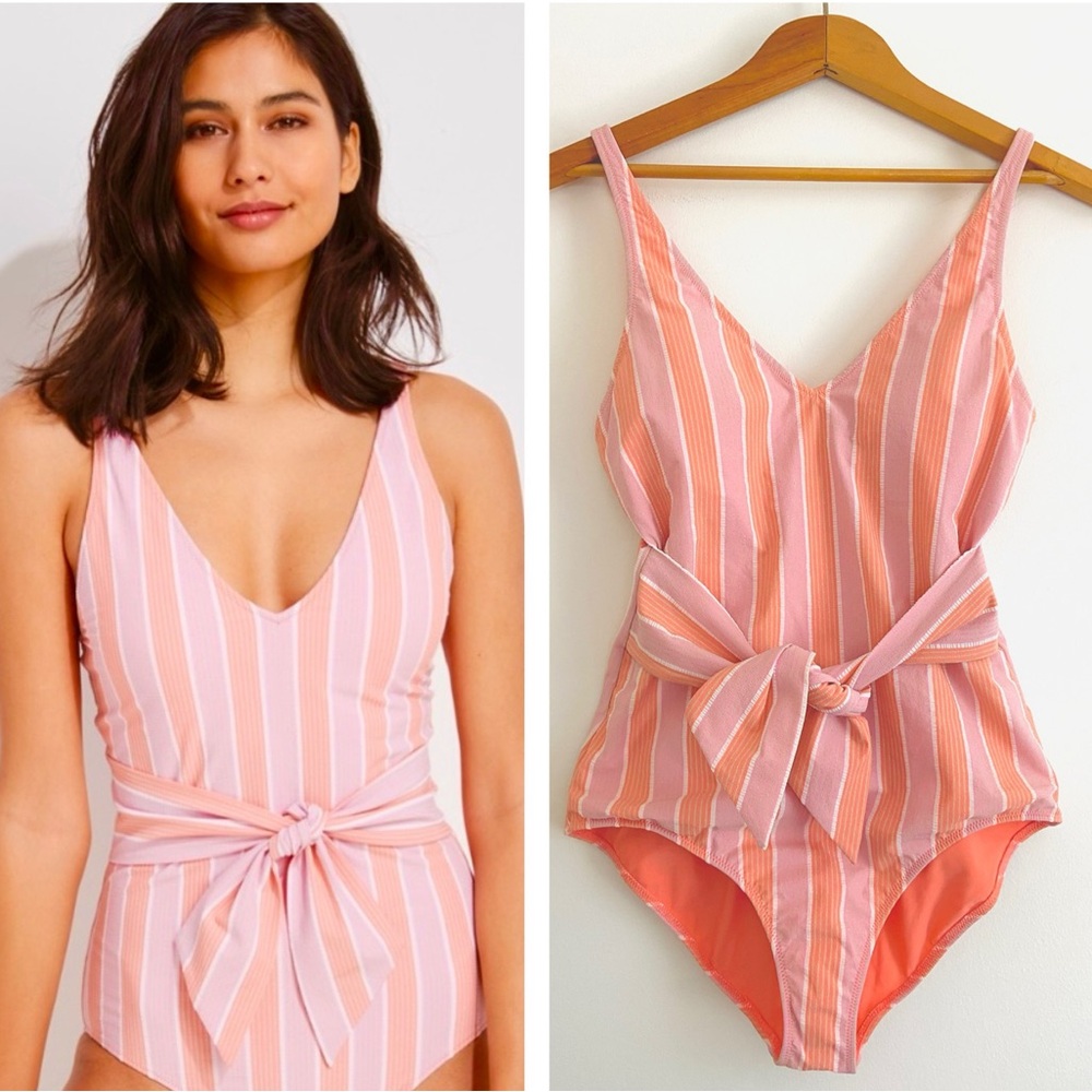 Vineyard Vines Villa Shimmer Tie-Front One Piece Striped Swimsuit Size XS